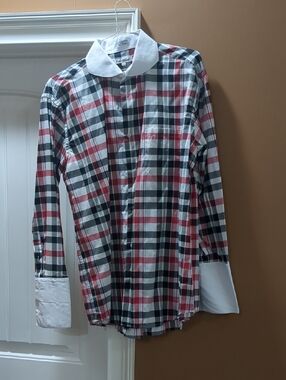 Men's Plaid Button-Up Shirt White Contrast Collar - Red/Black/White Size 17.5
